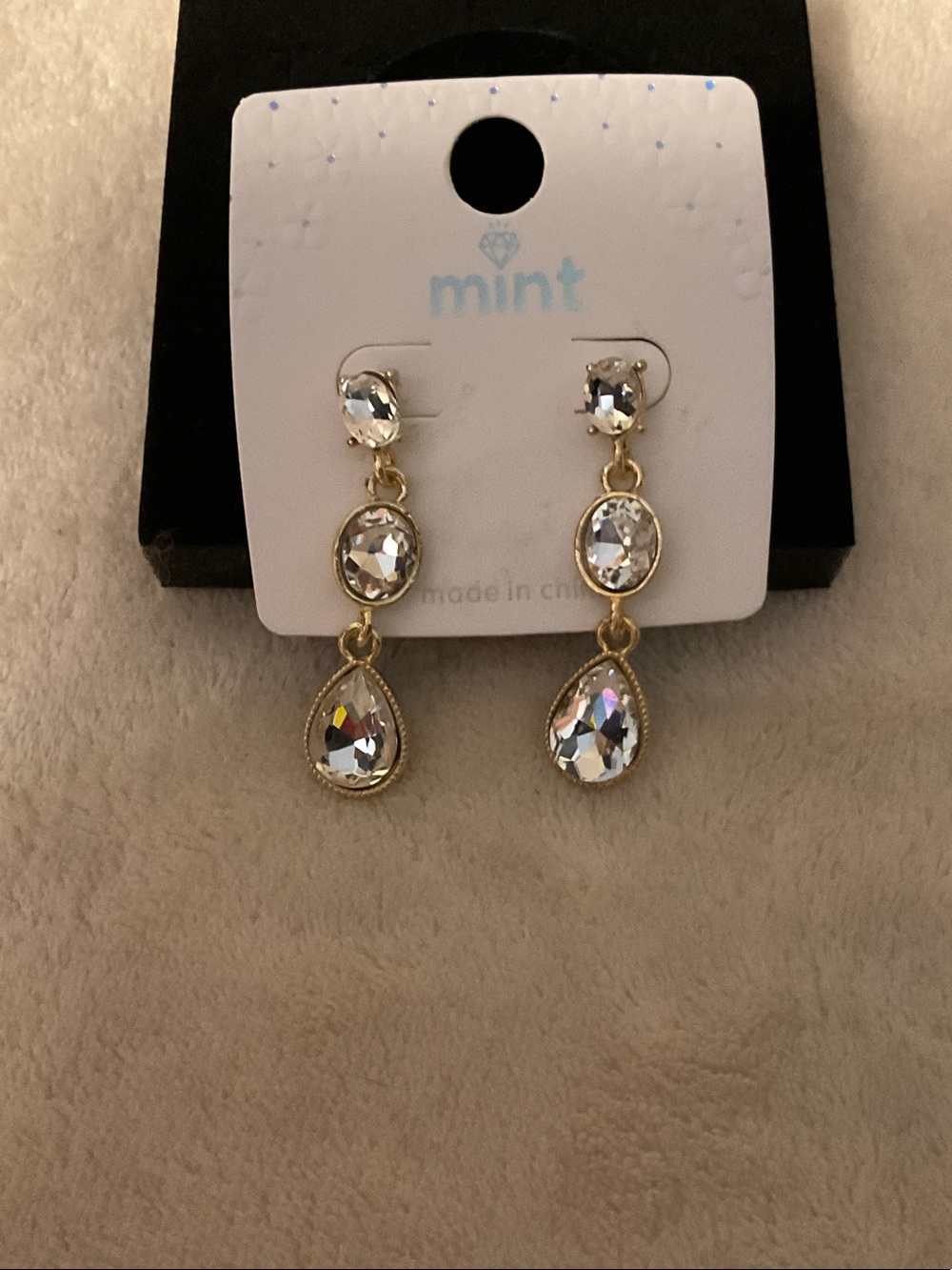 Mint Gold Teardrop Dangle Earrings with Clear Crystals